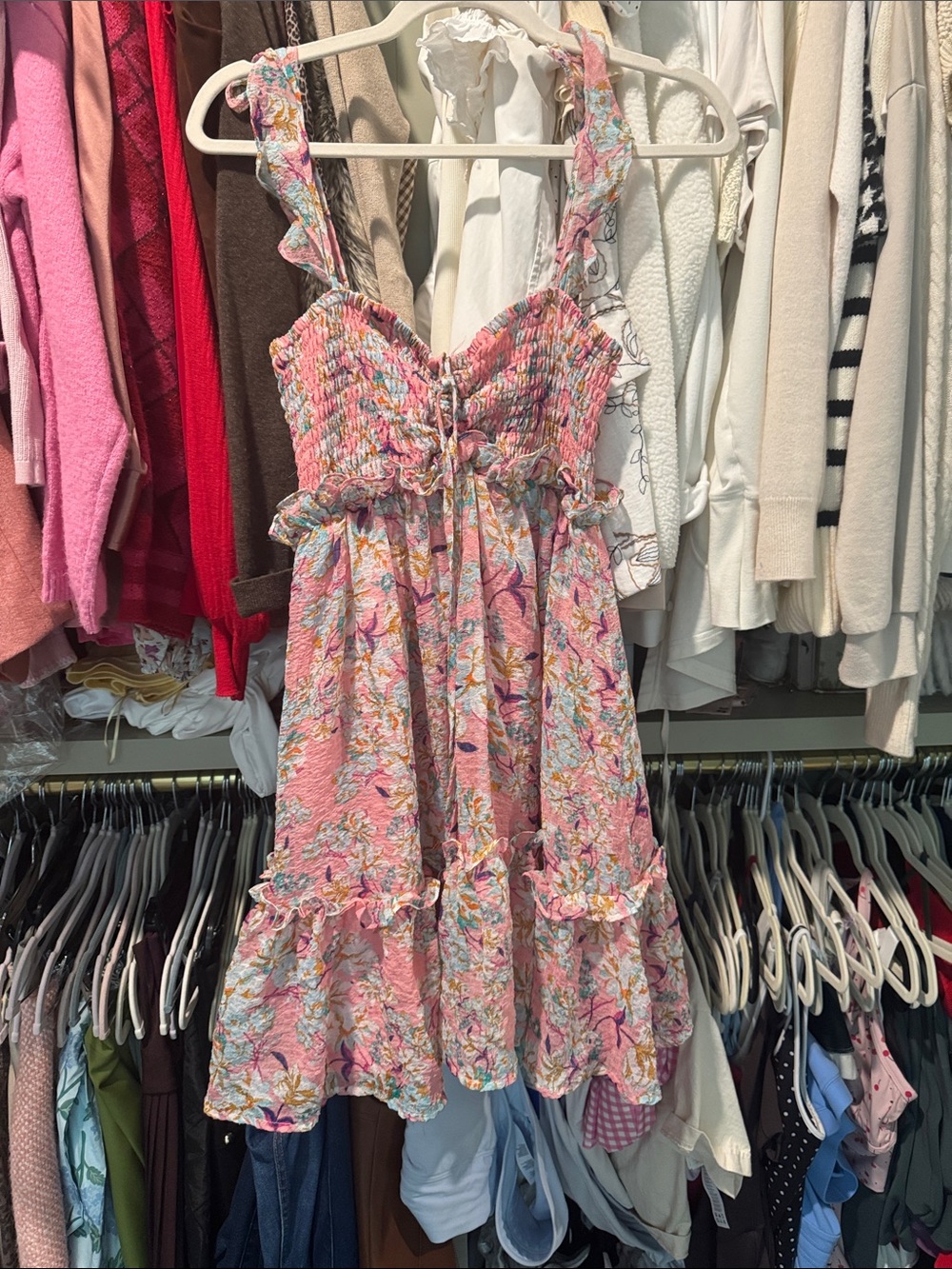 Fate Pink Botanical Smocked Ruffle Sundress